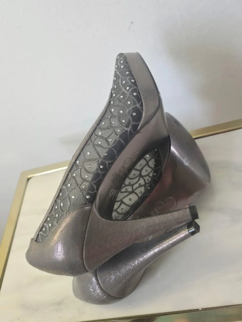 Adrianna Papell Foxy Rhinestones Mesh Gunmetal Peep-Toe Size EU 38. Dress Pumps.